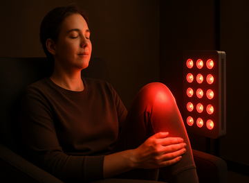Person using red light therapy on painful knee to relieve arthritis and joint stiffness