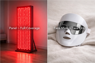 Comparison between red light therapy panel and LED face mask showing coverage and effectiveness differences