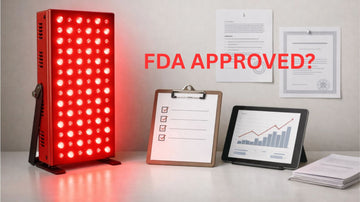 Red light therapy device with documents representing FDA approval and clearance information.