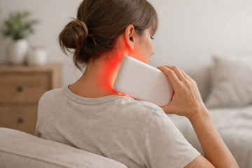 Person using a red light therapy panel on the neck and shoulder area to support muscle comfort and recovery