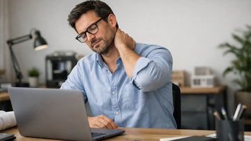 Office worker with glasses rubbing his neck after long hours of computer work, illustrating tech neck and screen fatigue