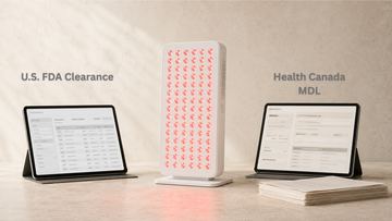 Red light therapy panel with U.S. FDA and Health Canada MDL verification screens