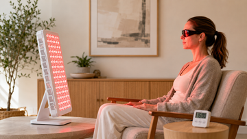 Woman wearing protective goggles while using a red light therapy panel safely at home