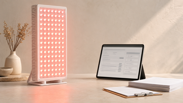 Red light therapy panel beside documents and a regulatory database used to verify FDA clearance