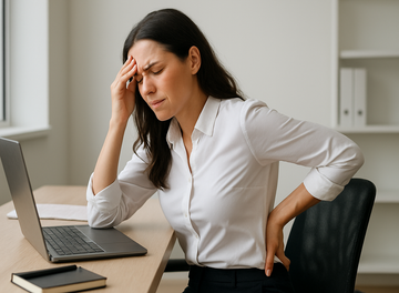 Office worker experiencing back and head pain that red light therapy may help relieve