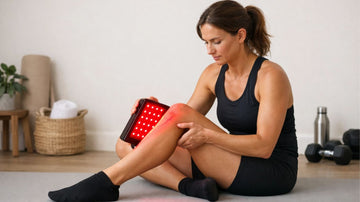 Athletic woman using a red light therapy device near her knee after exercise