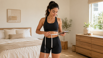 Woman measuring her waist while tracking body-contouring and weight-loss progress
