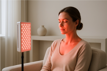 Woman using a red light therapy panel safely at home, sitting comfortably with the device positioned at a safe distance