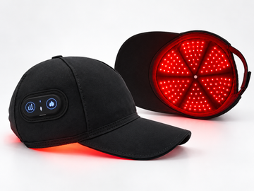 Luxena red light therapy hat showing exterior controls and illuminated interior LED panel